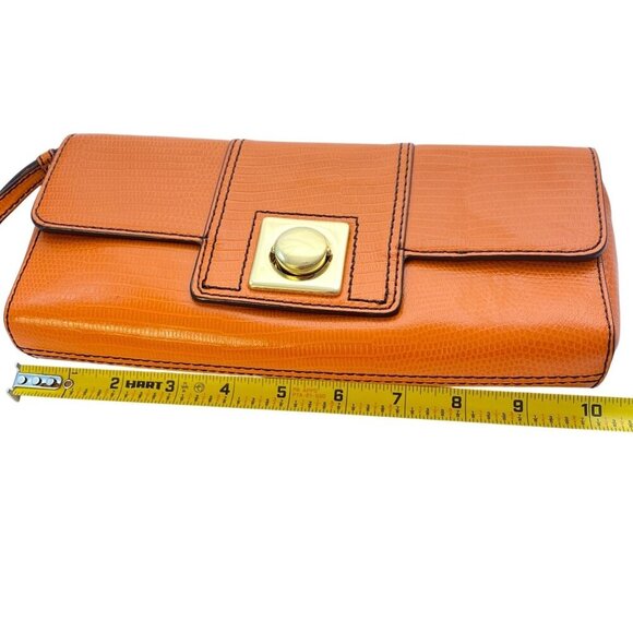 Vintage Banana Republic Orange Lizard Print Leather Baguette Clutch With Gold Ha - Picture 9 of 12